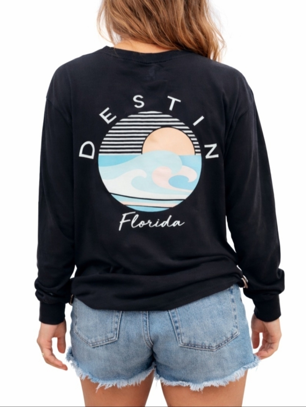 Destin Florida Long Sleeve T-shirt Black Woman's Size Small 100% Cotton Runs Big